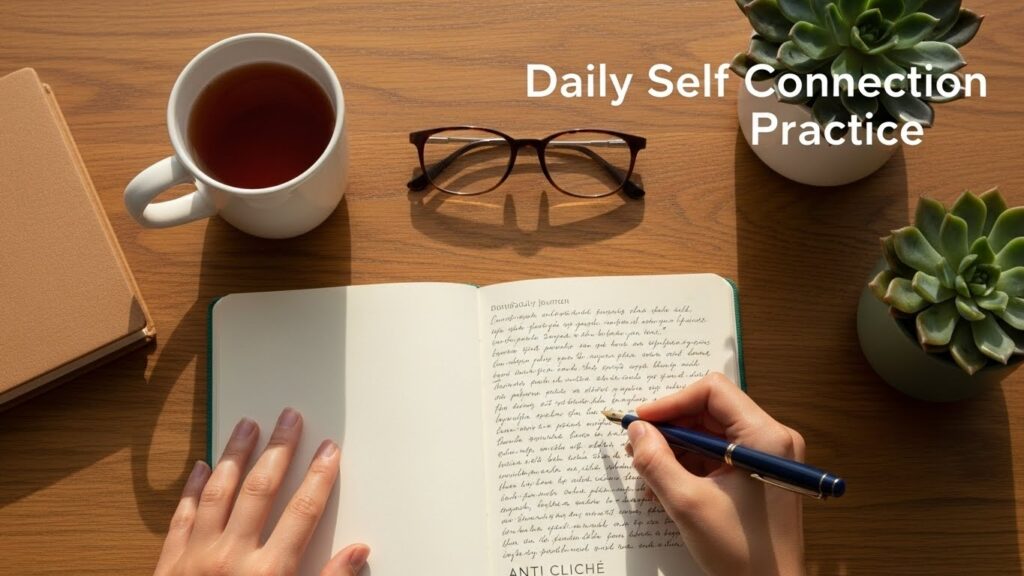 Daily self connection. Overhead view of journaling with tea, natural morning light, authentic reflection practice.