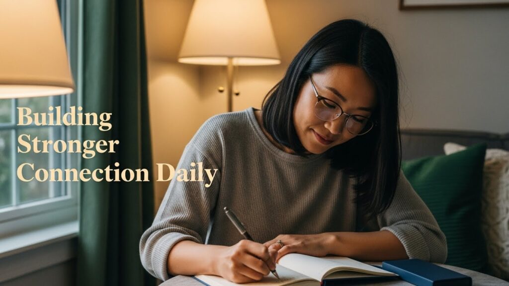 Daily self connection. Woman journaling in evening light, genuine reflection, warm intimate documentary aesthetic.