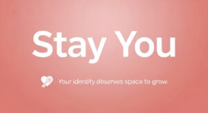 Identity in a Relationship: Stay You” in large geometric font on a soft rose background.