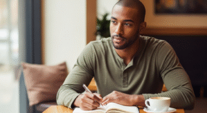 daily breakup healing: Malik journaling thoughtfully at a cafe table, reflecting on his emotions after a breakup.
