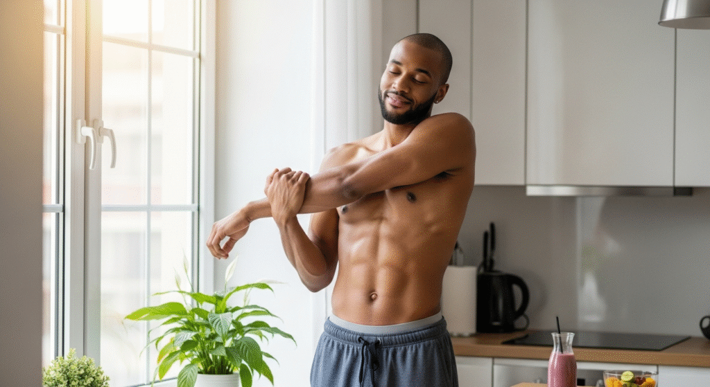 daily breakup healing: Malik stretching by a window in his apartment, practicing self-care and a healthy morning routine.