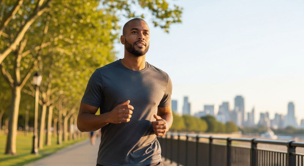 daily breakup healing: Malik jogging in a city park, engaging in physical activity to aid his healing process.