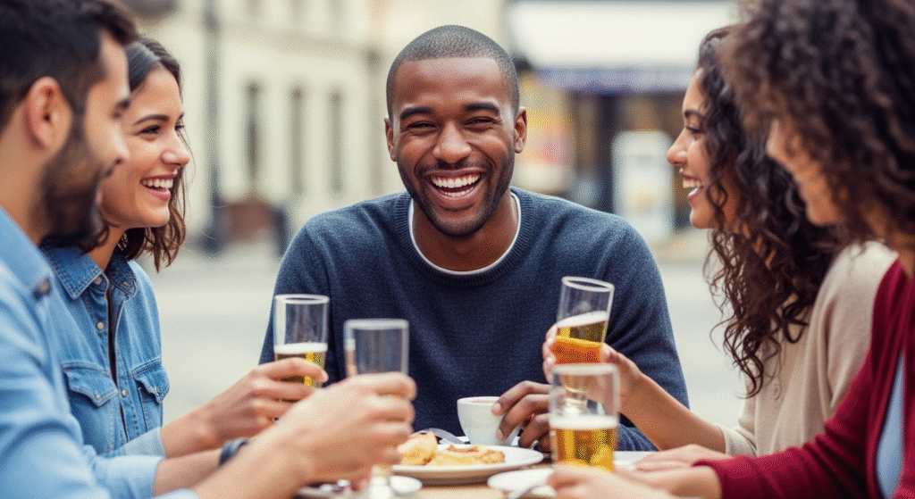 daily breakup healing: Malik happily socializing with friends at an outdoor cafe, rebuilding his social support system.