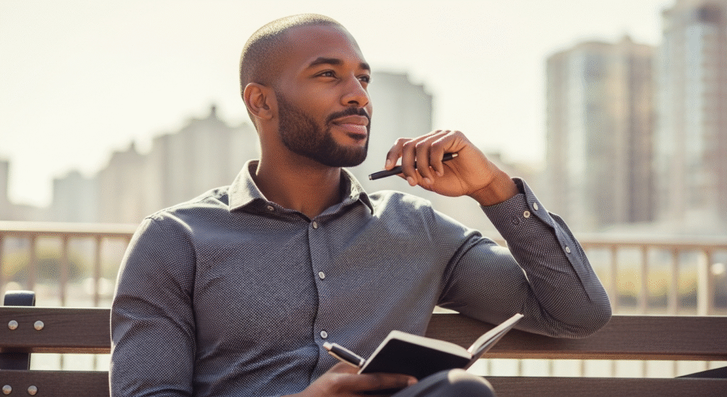 daily breakup healing: Malik reflecting on his future and planning goals while sitting on a park bench overlooking a cityscape.