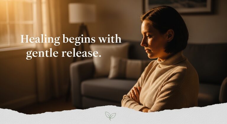 Woman integrating somatic discharge practice with written reflection as part of a complete post-breakup recovery process