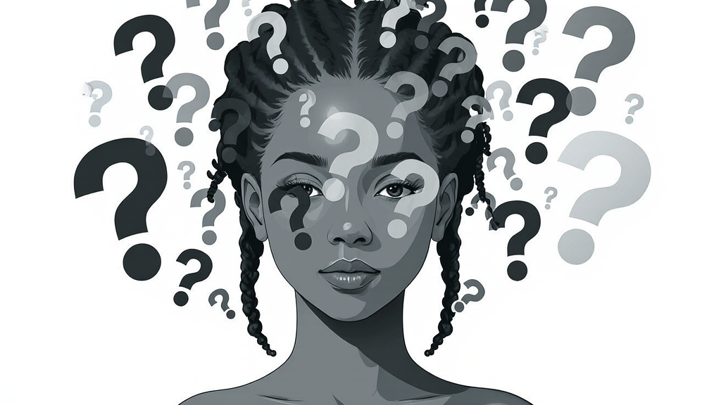 Woman with dreadlocs surrounded by spiral patterns representing pressure questions at a holiday gathering