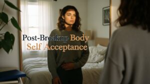 Body self acceptance. Woman standing before bedroom mirror in natural morning light, comfortable clothing, quiet self-presence.