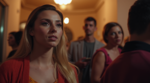 post breakup etiquette: at social gathering looking across room