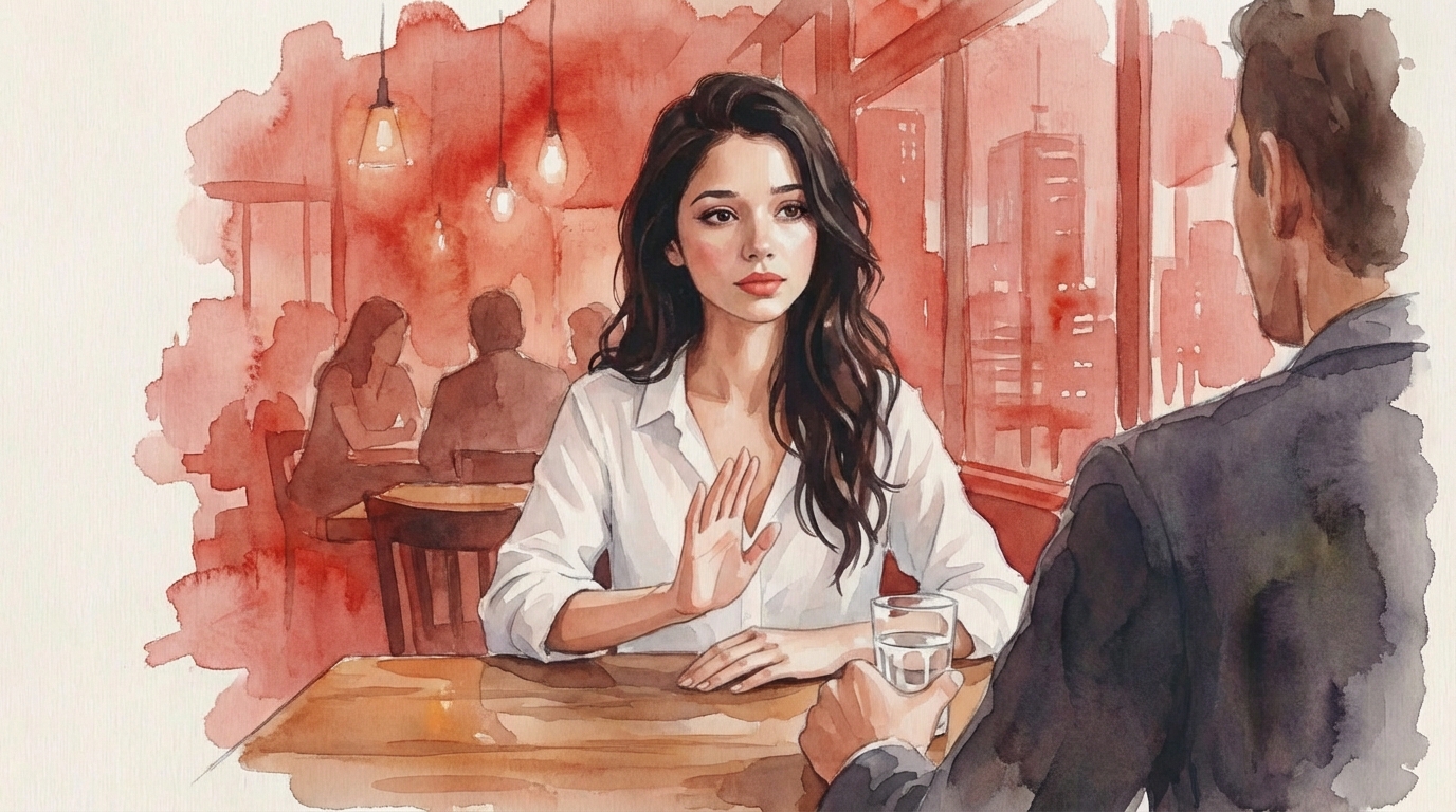 Woman calmly setting a boundary during a date with confident body language