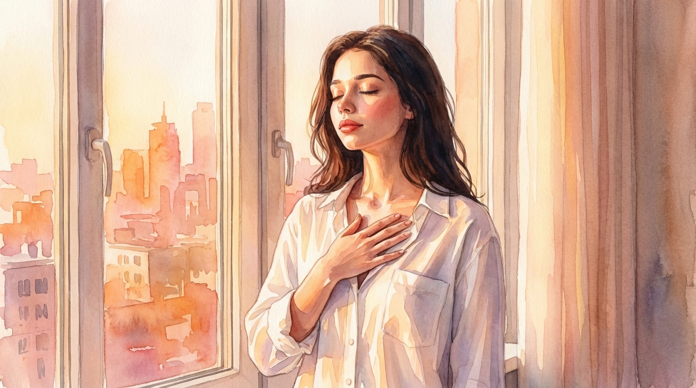 Woman practicing the internal safety check by tuning into her body signals