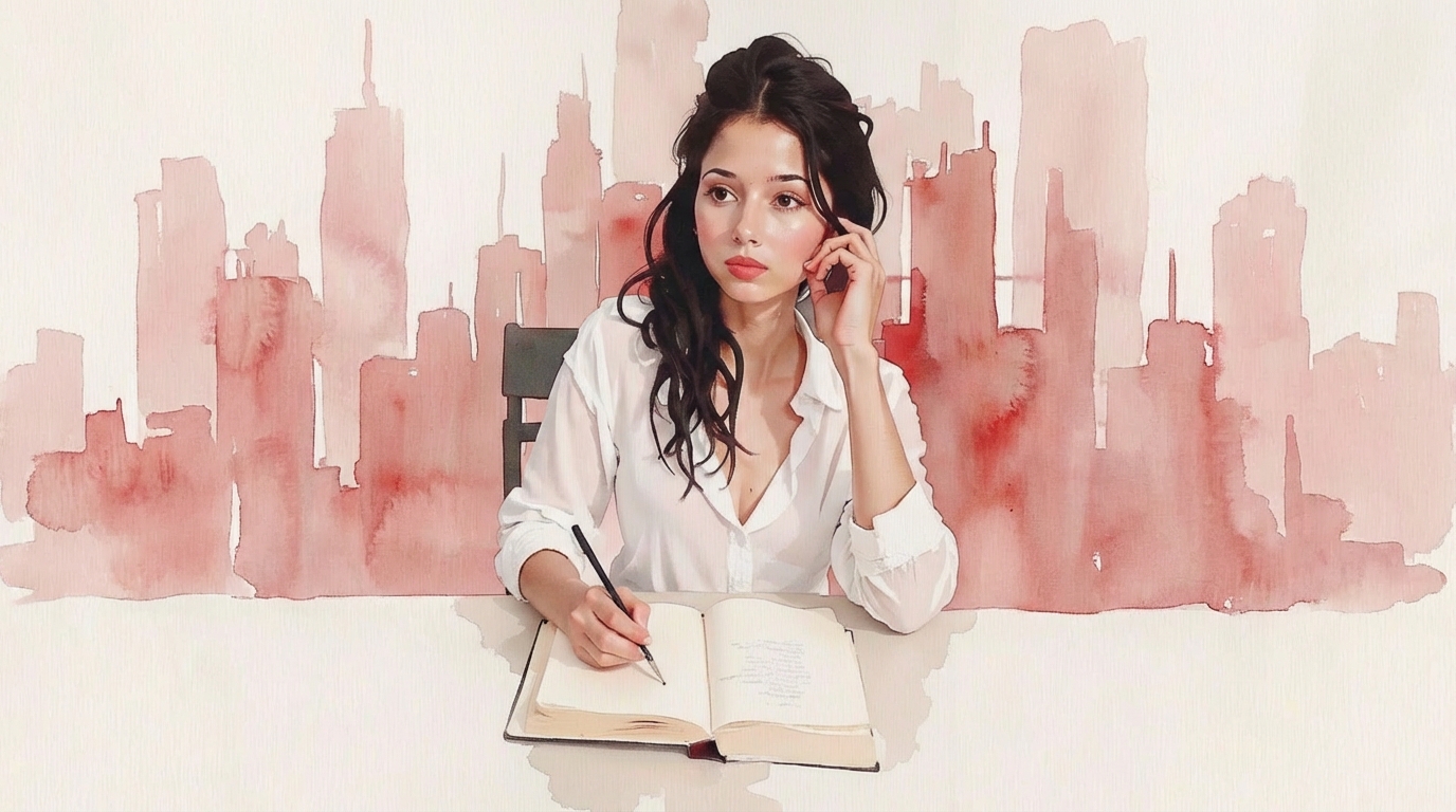 Woman tracking relationship consistency patterns in a small journal at a cafe