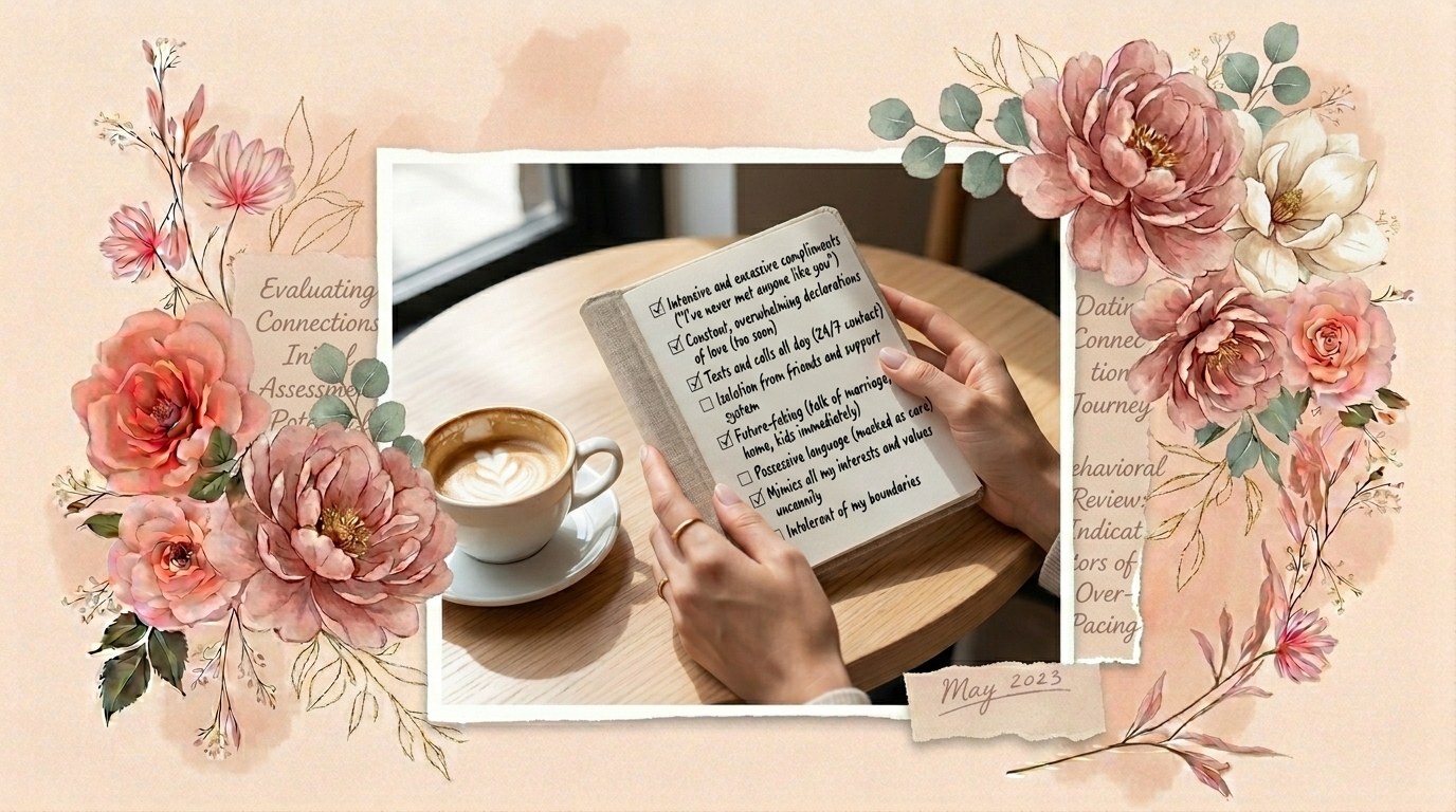 Woman using behavioral checklist to evaluate new dating connection for love bombing markers