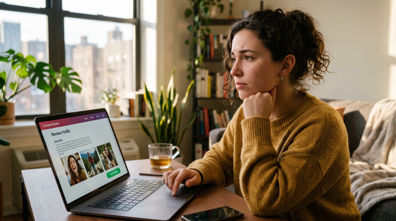 Woman drafting her dating profile bio using the specificity method