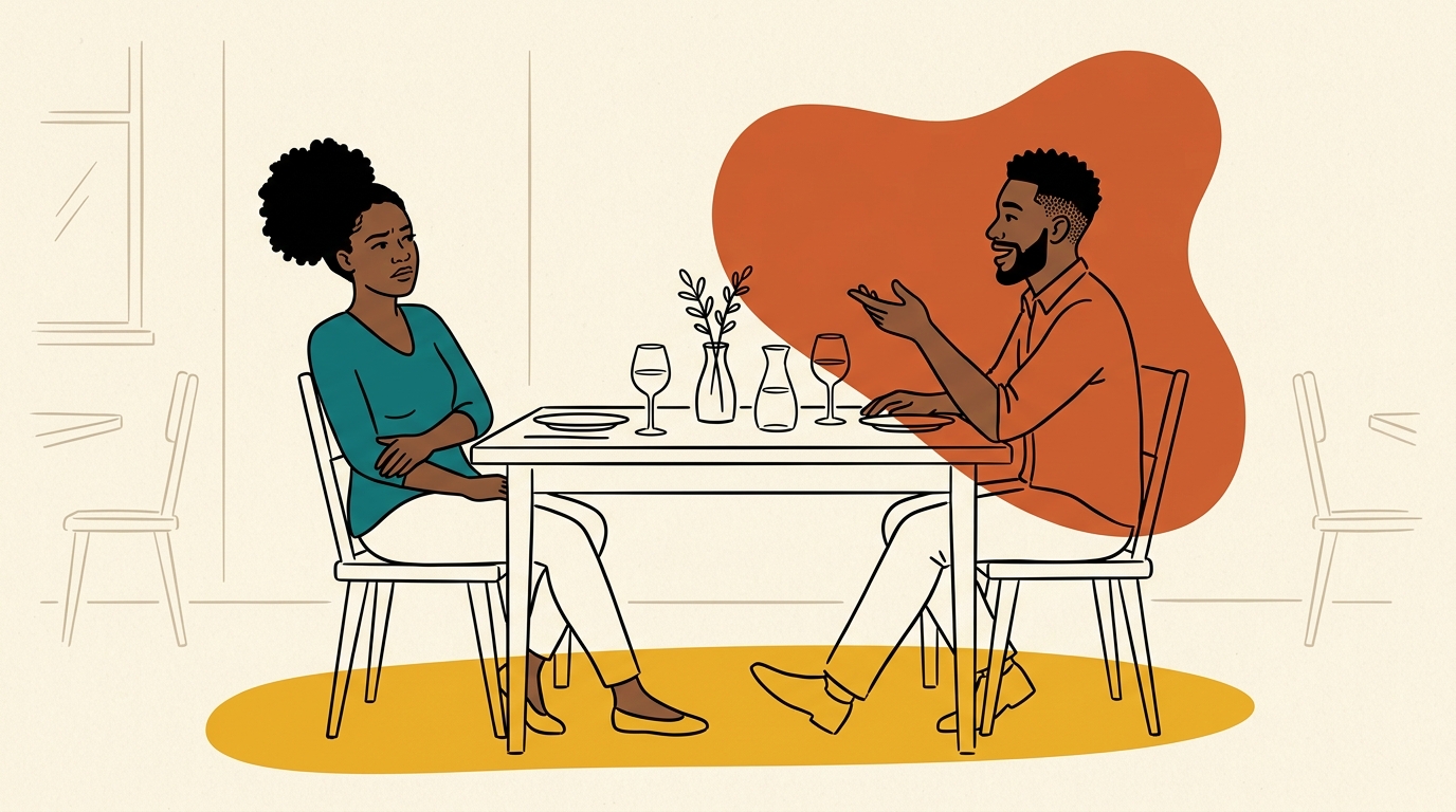 Subtle discomfort during a date illustrating how red flags register physically before consciously