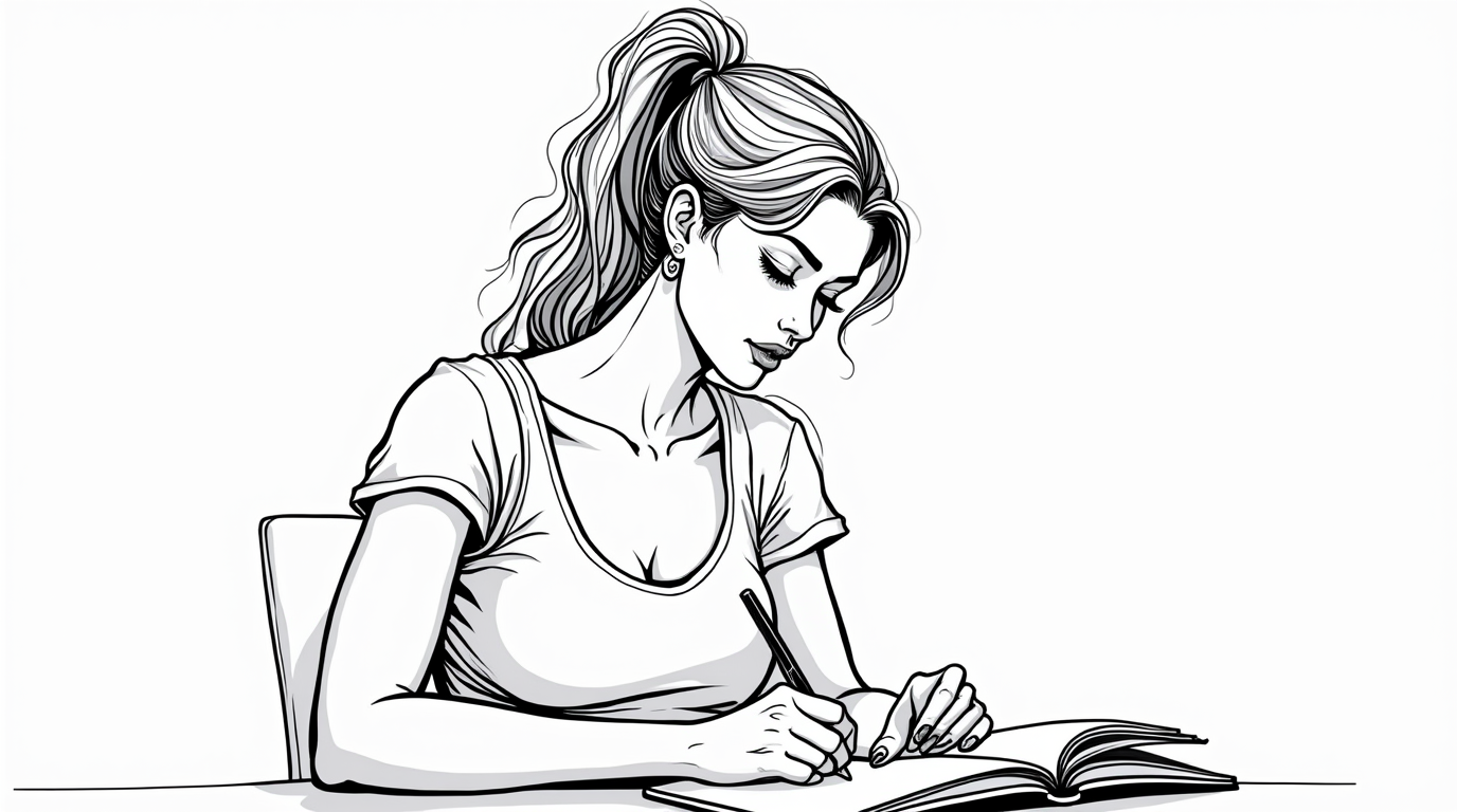Woman with athletic build mapping out vulnerability stages in a notebook