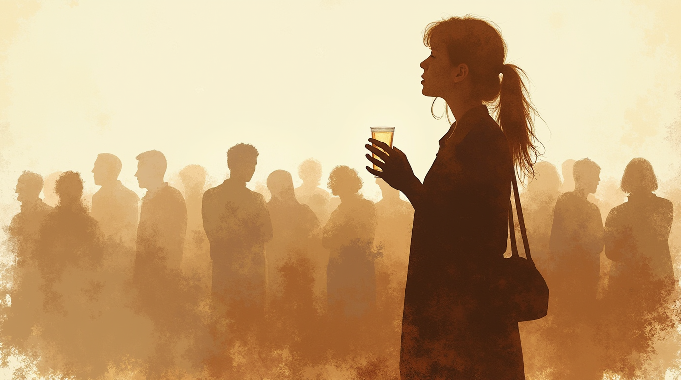 Woman at a social event feeling disconnected during conversations after a breakup