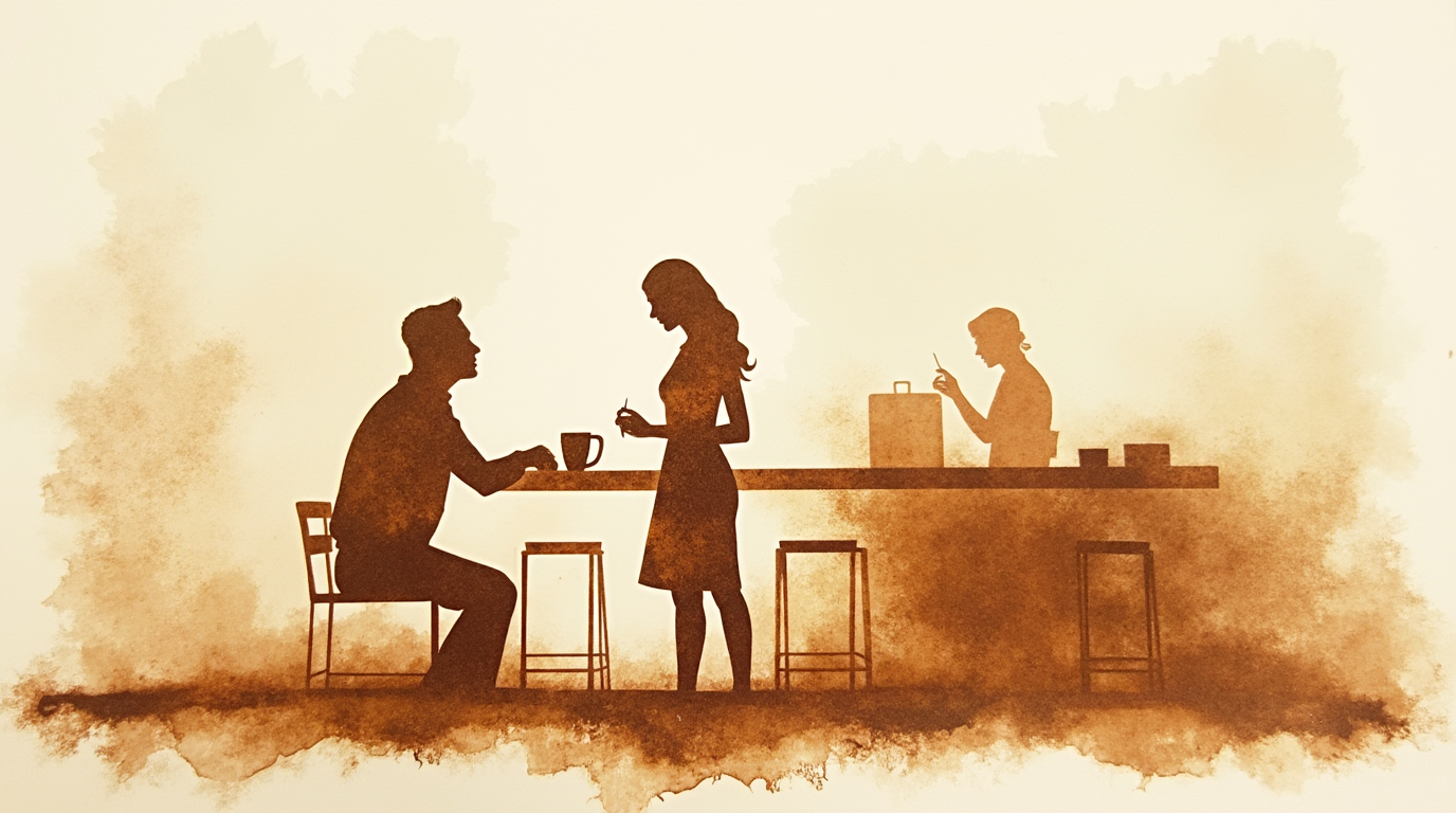 Woman having a brief friendly exchange at a coffee counter as a light surface-level interaction