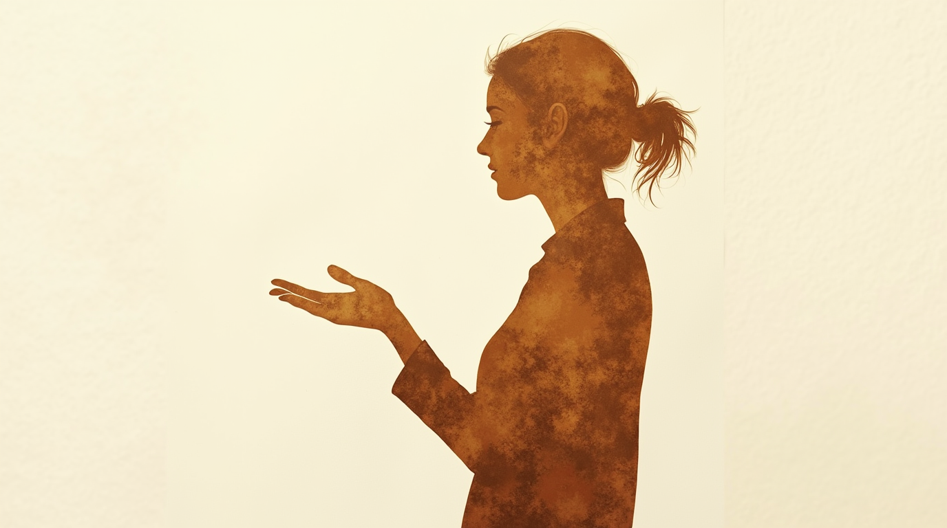 Woman gracefully redirecting a conversation away from a topic she does not have capacity for