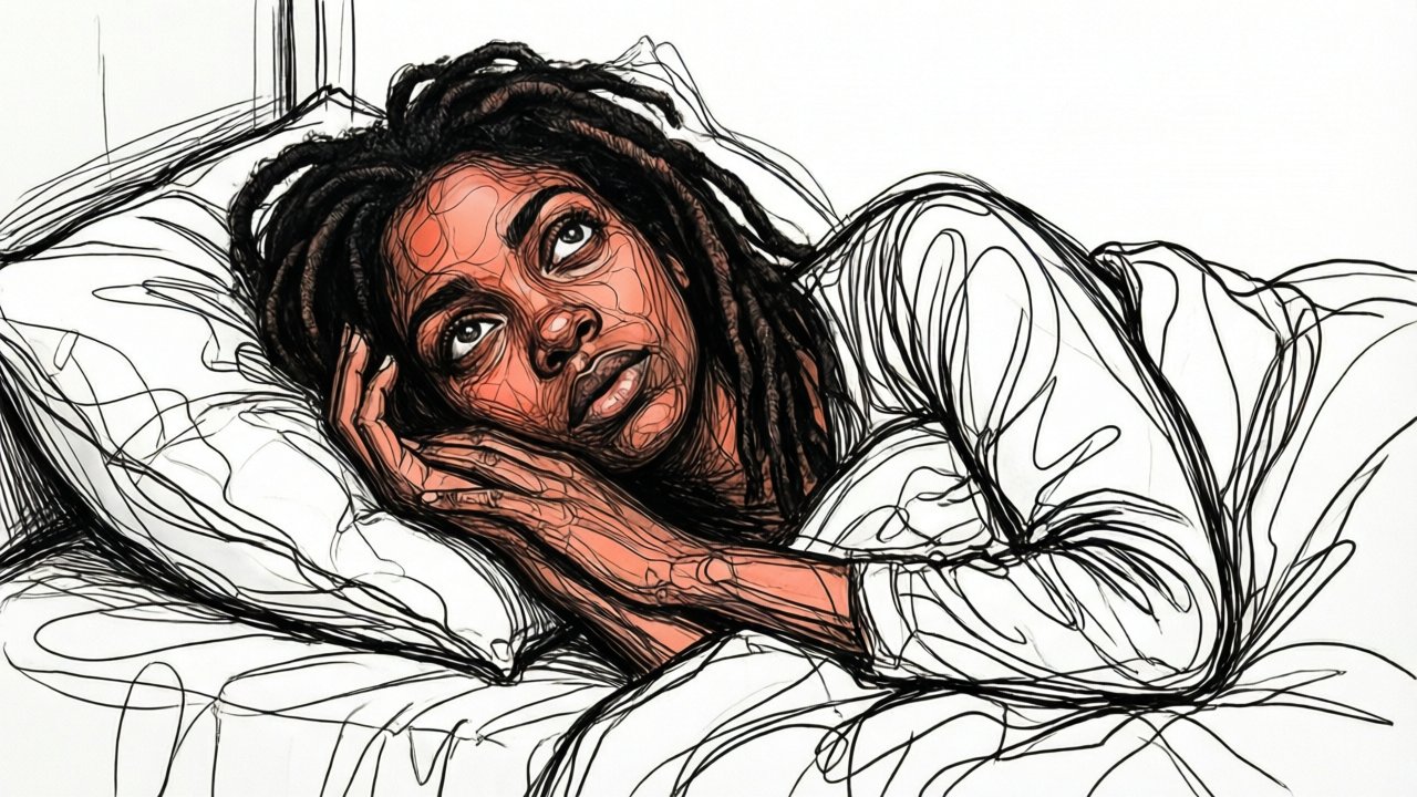 Woman lying awake at night experiencing regret rumination after a breakup