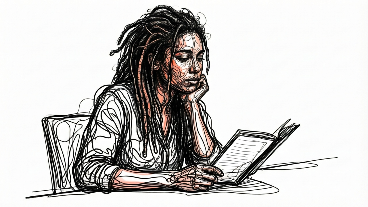 Woman thoughtfully evaluating her own regret patterns at a desk with a notebook