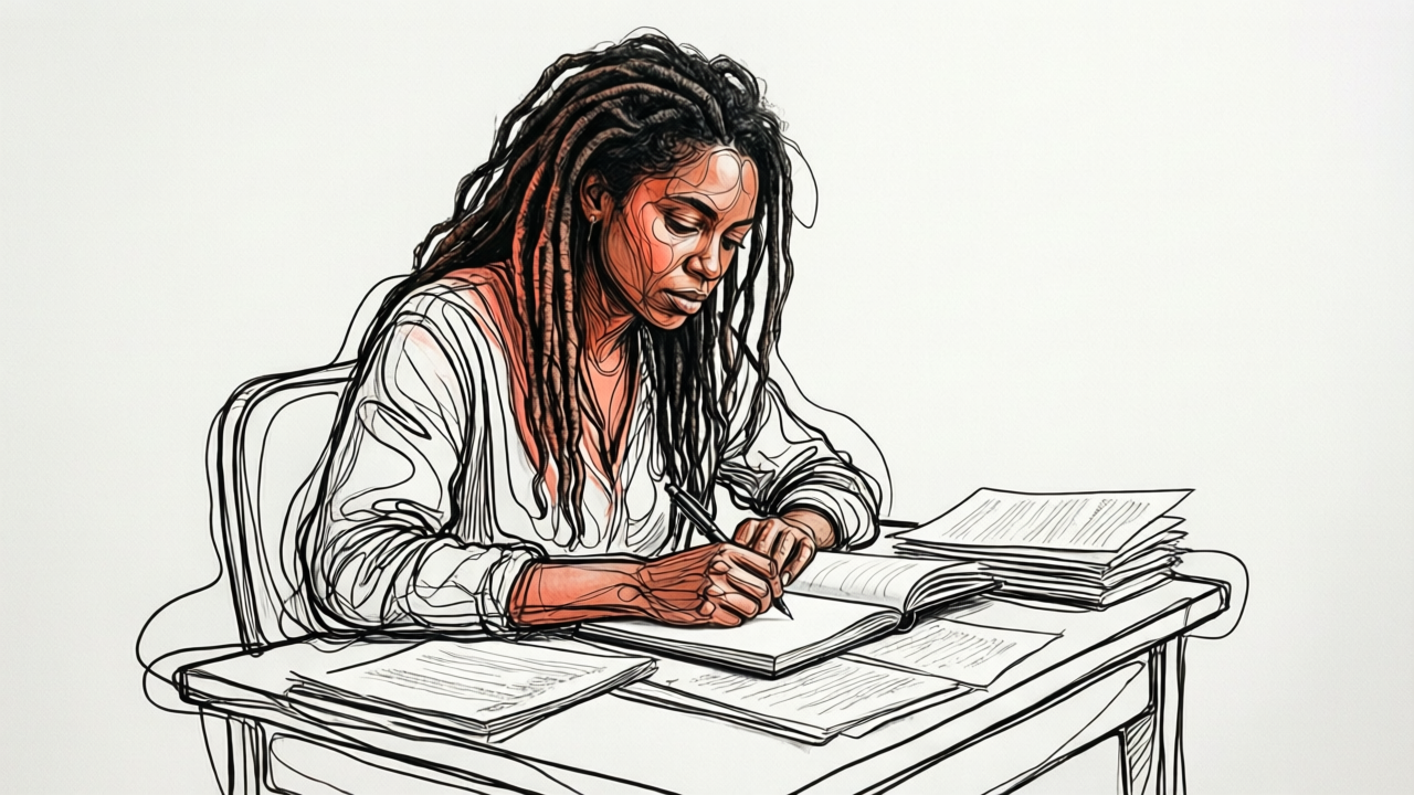 Woman conducting a structured audit of her breakup regret through detailed journal work