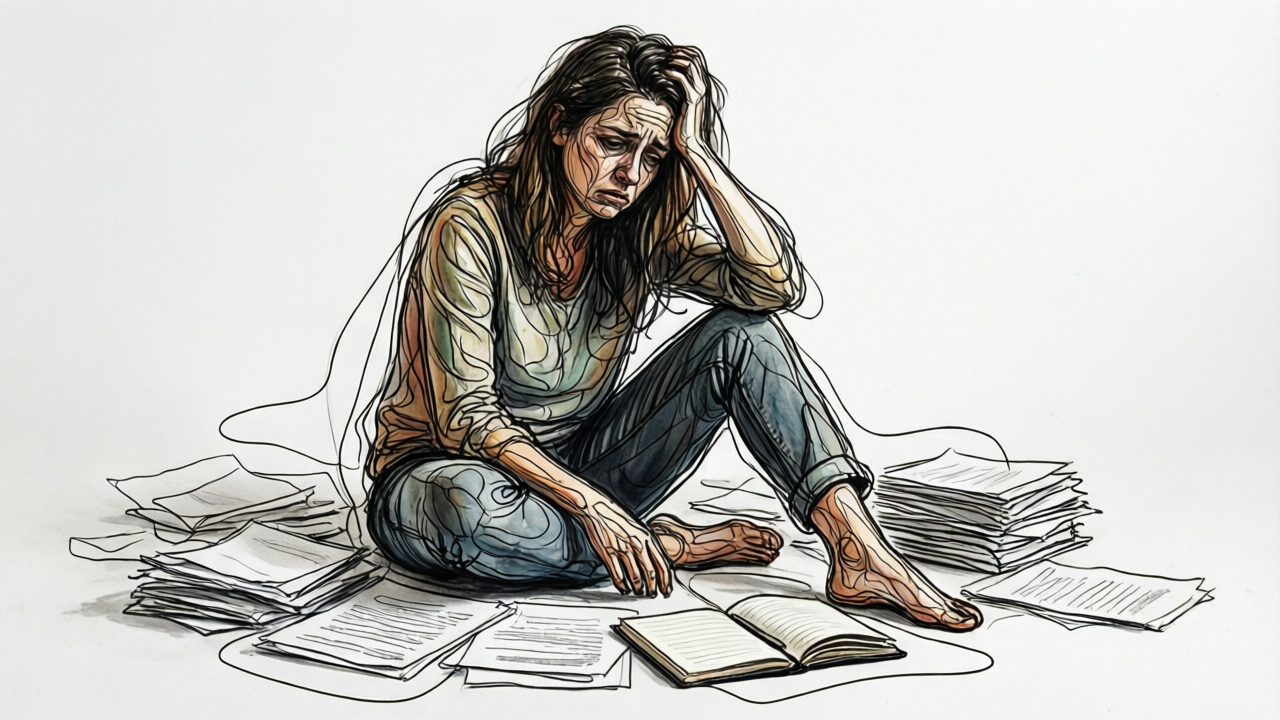 Woman exhausted from forcing purpose-finding exercises after a breakup