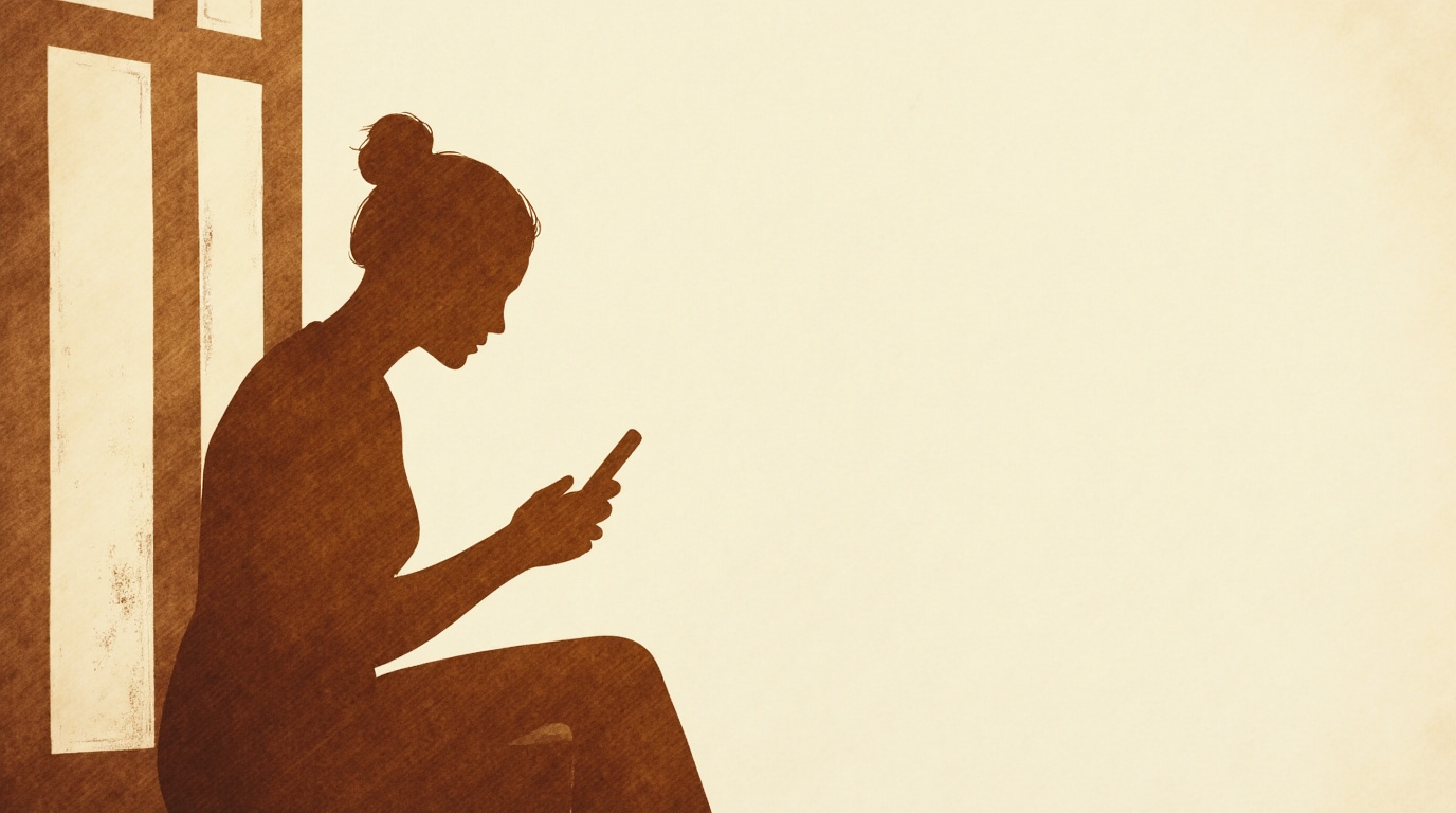 Woman composing a measured response to a dating app match in asynchronous exchange tier
