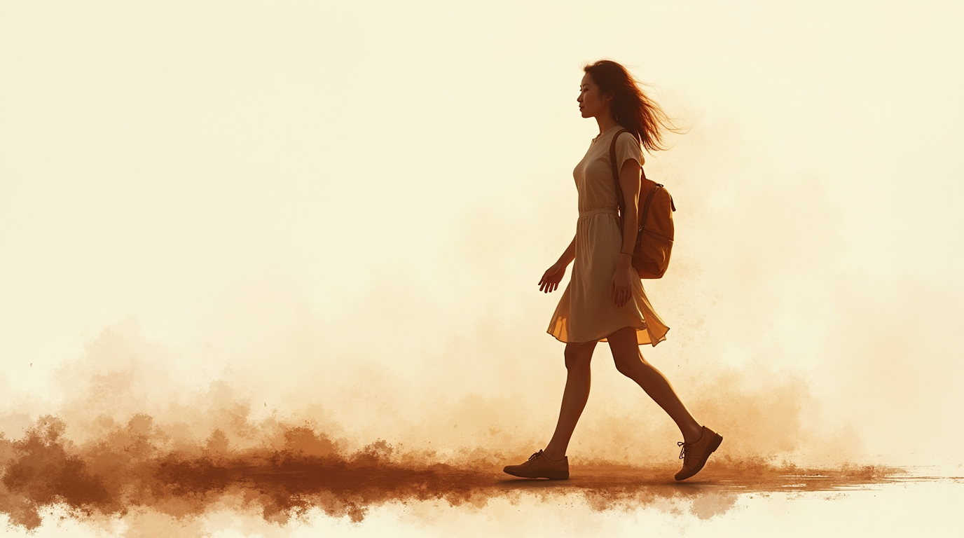 East Asian woman walking with established integrated identity post-resolution work