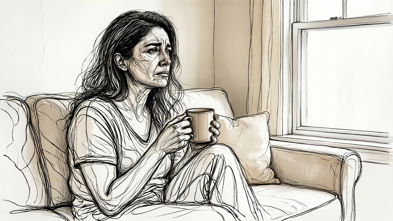 Woman sitting alone on a Saturday morning processing weekend solitude after a breakup