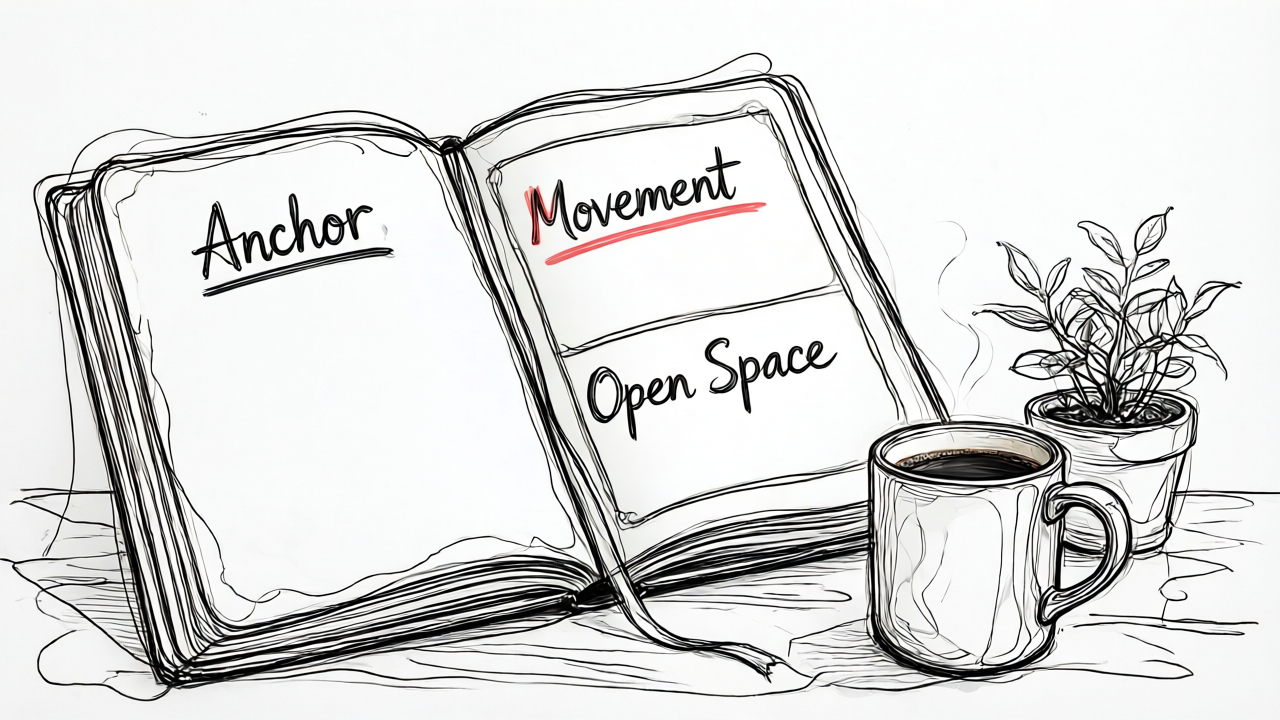Notebook showing the three weekend architecture blocks: Anchor, Movement, and Open Space