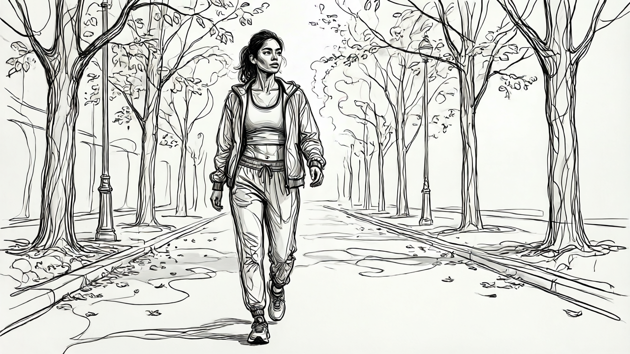 Woman walking outdoors on a weekend afternoon as part of post-breakup movement routine