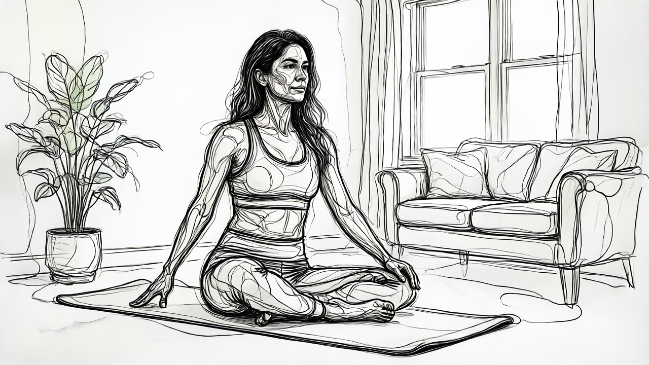 Woman doing morning yoga at home as a weekend anchor activity for post-breakup recovery