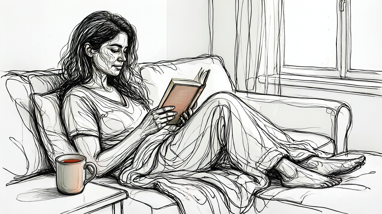Woman in unhurried weekend afternoon reading and resting in intentional open space