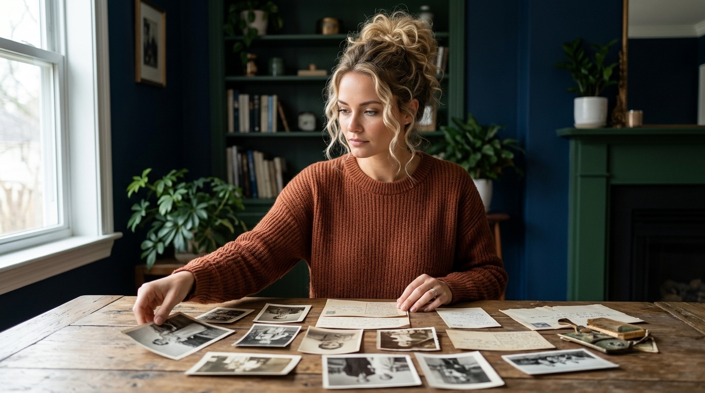 Breaking unhealthy patterns. Woman sits in honest reflection with a coffee, recognizing a pattern, composed.