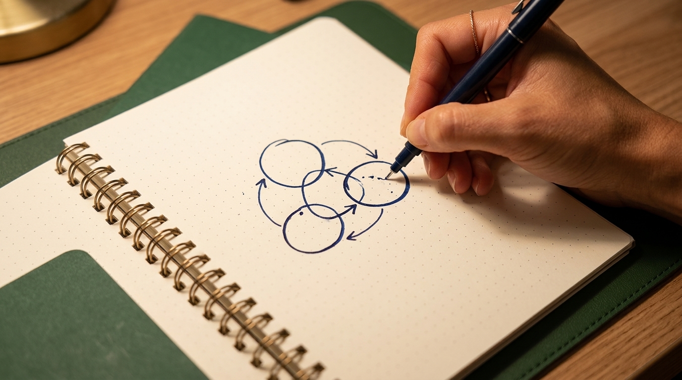 Mapping the pattern loop. Woman maps her relationship history in a notebook at a desk, focused and methodical.