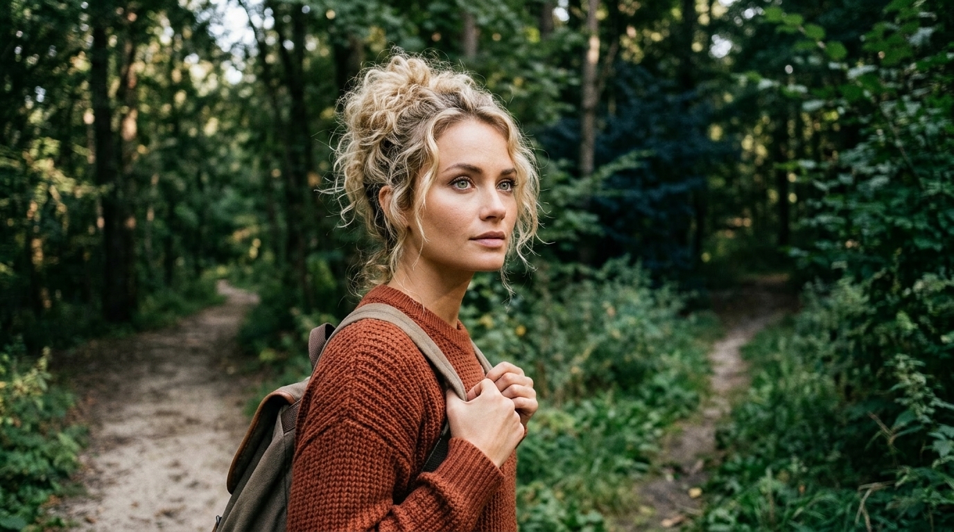 Interrupting the pattern. Woman pauses mid-moment to make a deliberate different choice, calm and intentional.