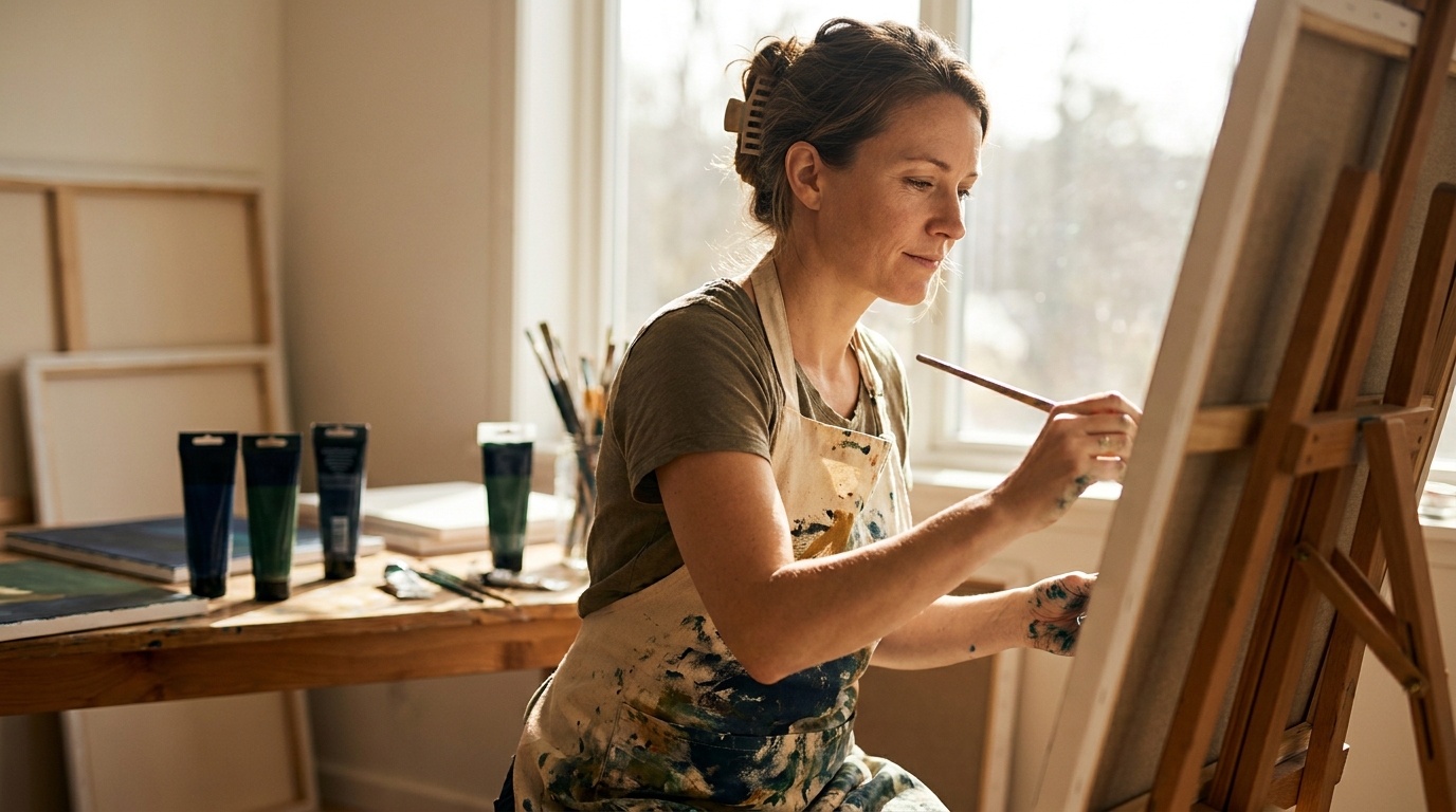Creative healing without pressure. Woman content beside a finished imperfect creation, relaxed about how it looks.