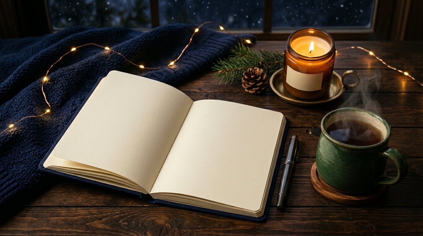 Year-end journaling prompts. Woman writes steadily through a set of prompts at a cozy desk with tea, focused.