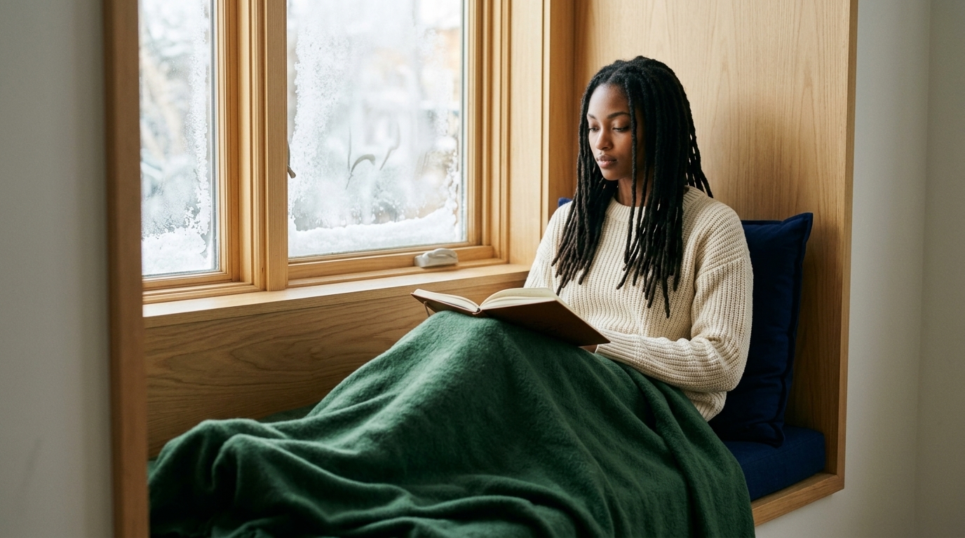 Year-end breakup journaling. Woman journals by a window on a quiet winter evening, reflective and settled.