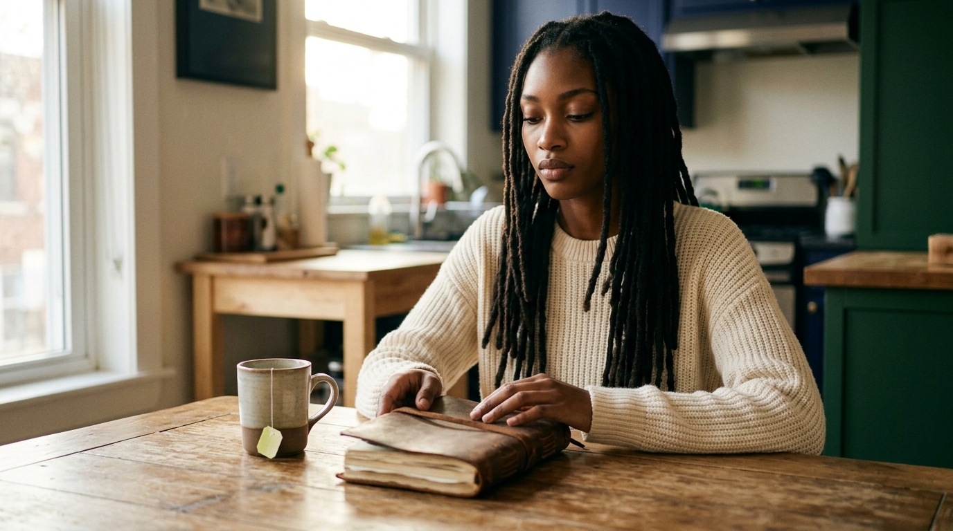 Closing the chapter. Woman closes her journal with a calm, settled expression by warm winter light.