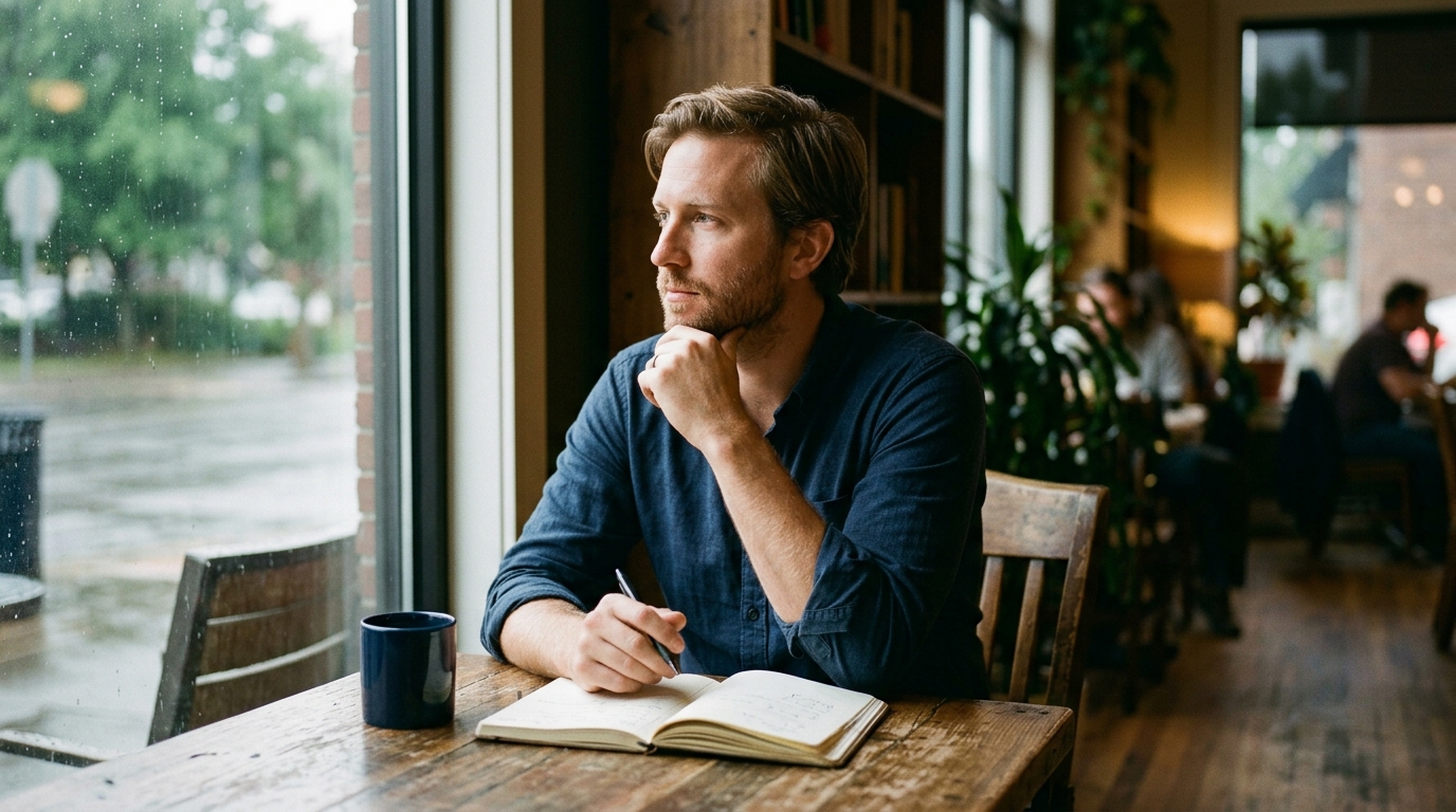 Spotting the love-language gap. Man reflects with a notebook over a past relationship, composed.