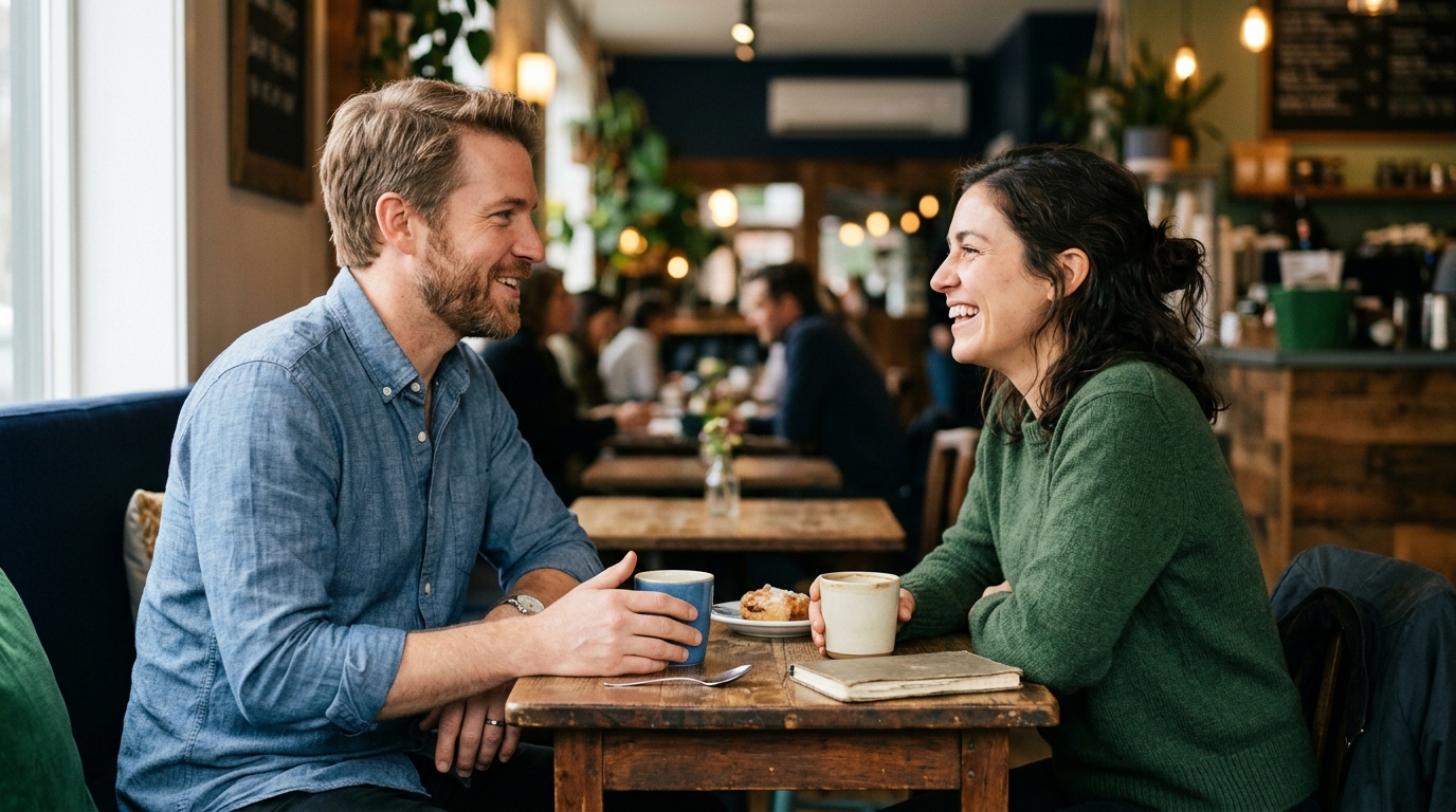 Using love languages going forward. Man listens attentively to a new partner on an outdoor walk.