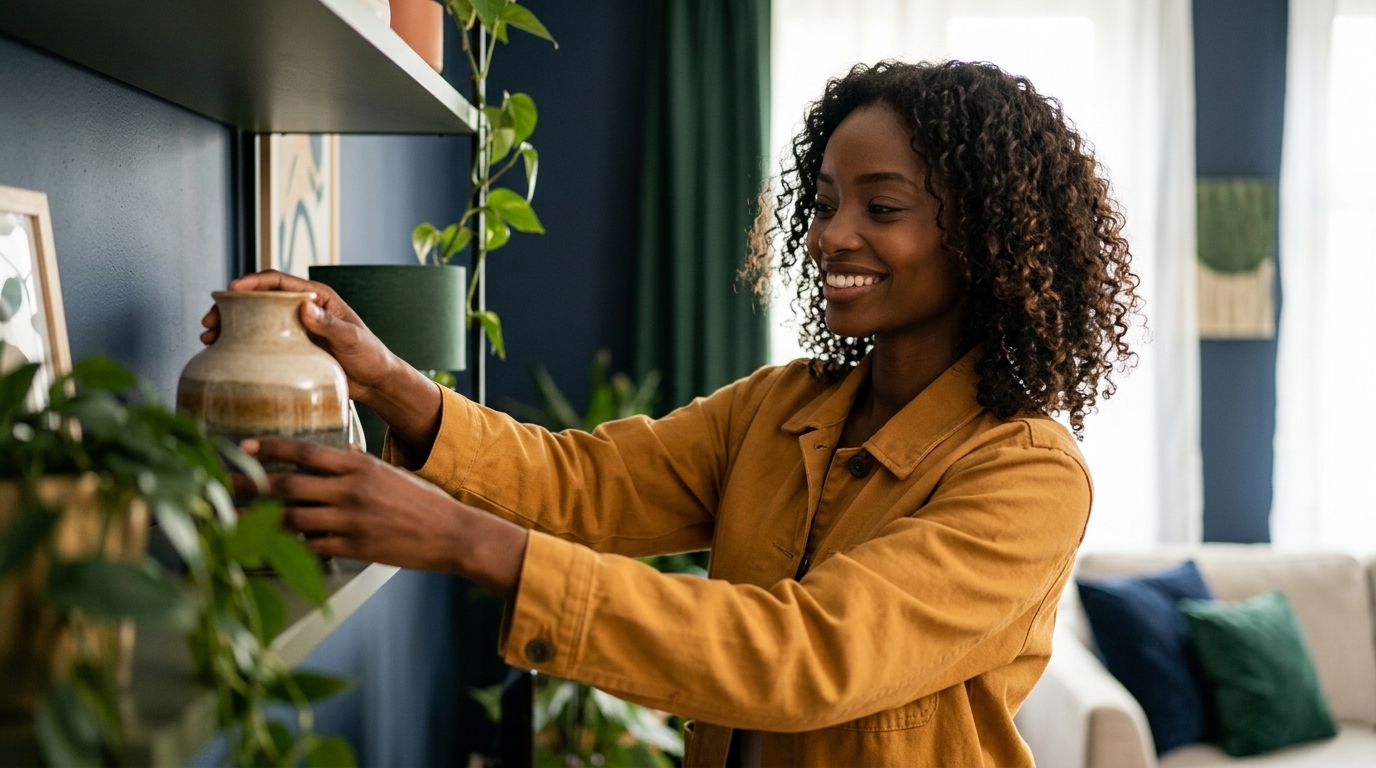 Reclaiming single life. Woman sets up her own apartment exactly how she wants it, pleased and self-directed.