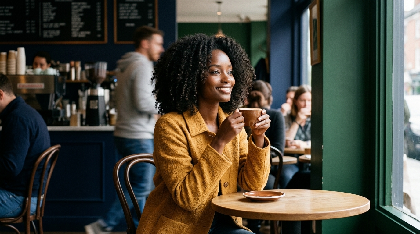 Unapologetically single. Woman enjoys a solo coffee at a cafe, content and self-assured.