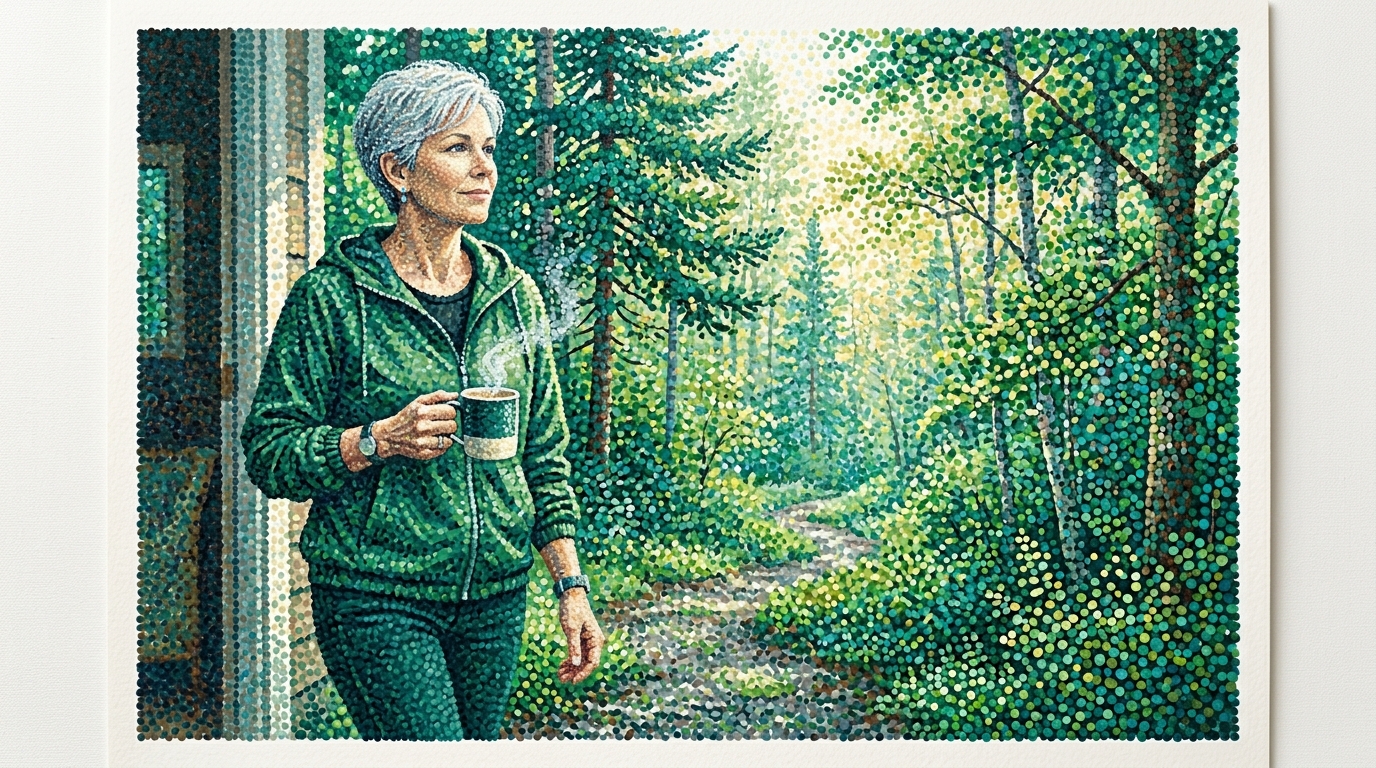 Daily mental-health builders. Woman steps into morning daylight with a coffee to start the day grounded.