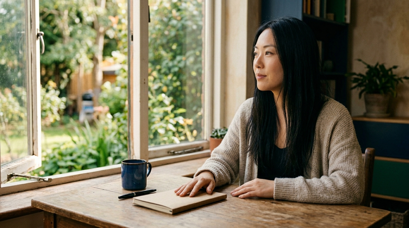 Quotes for letting go. Woman exhales and sets down a notebook by an open window, releasing and composed.