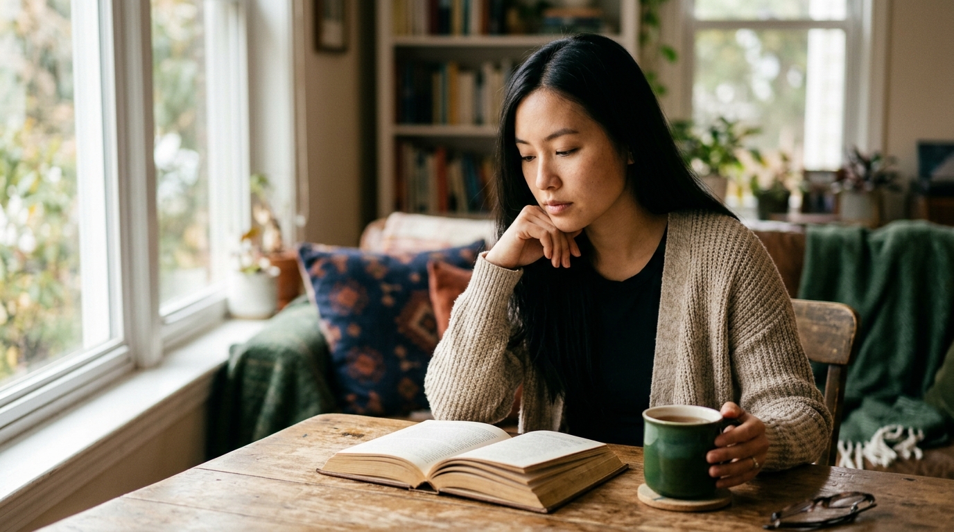 Breakup quotes for the first days. Woman wrapped in a blanket with tea, quietly getting through the morning.