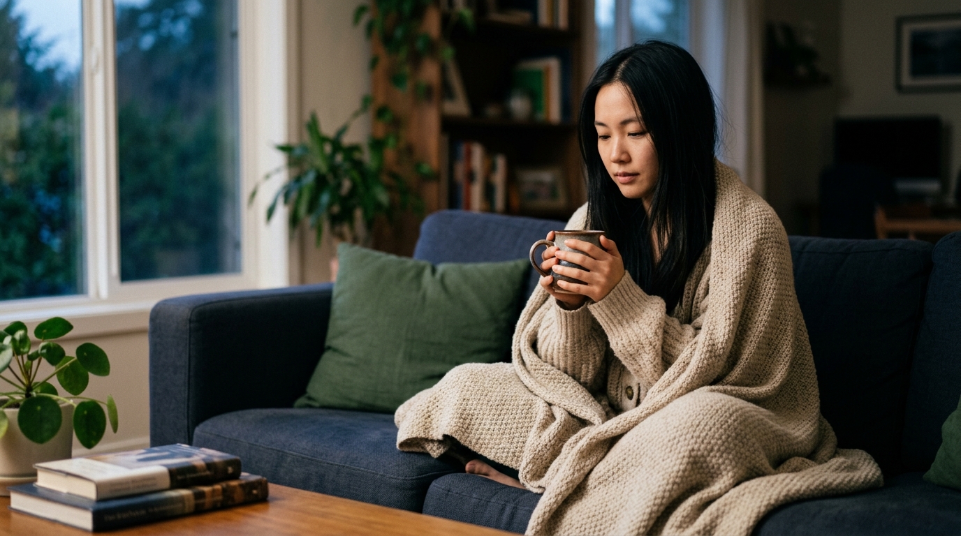 Using breakup quotes well. Woman pauses thoughtfully over a line in a book with tea, taking it in.