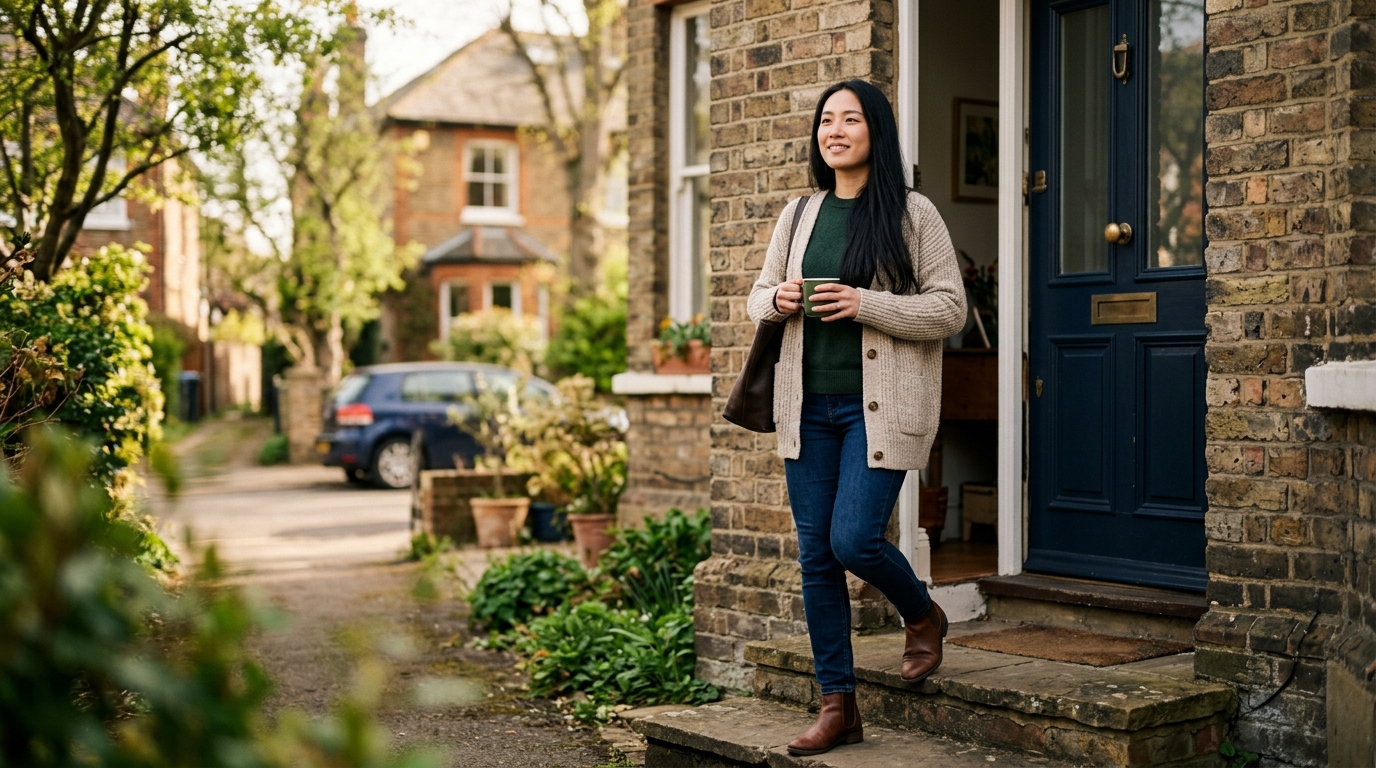 Quotes for moving forward. Woman steps out a front door into morning light with quiet confidence.