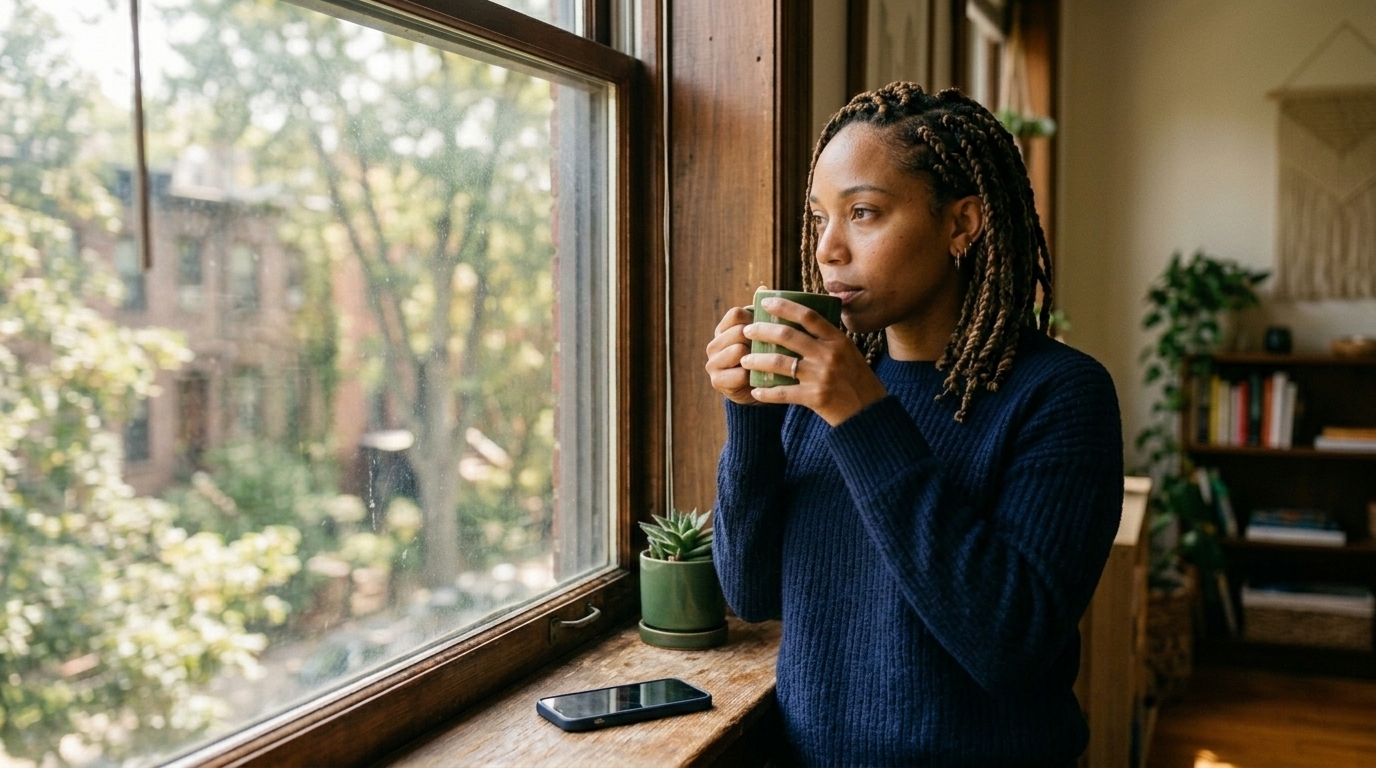Dating readiness after a breakup. Woman pauses at a sunlit window, phone set down, considering before she opens the app.